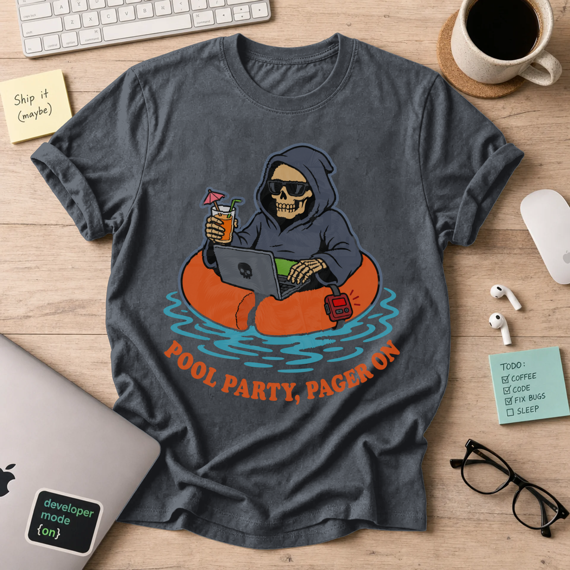 Pool Party, Pager On Shirt — Dark Heather
