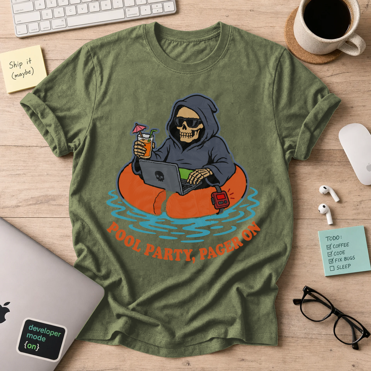 Pool Party, Pager On Shirt — Military Green