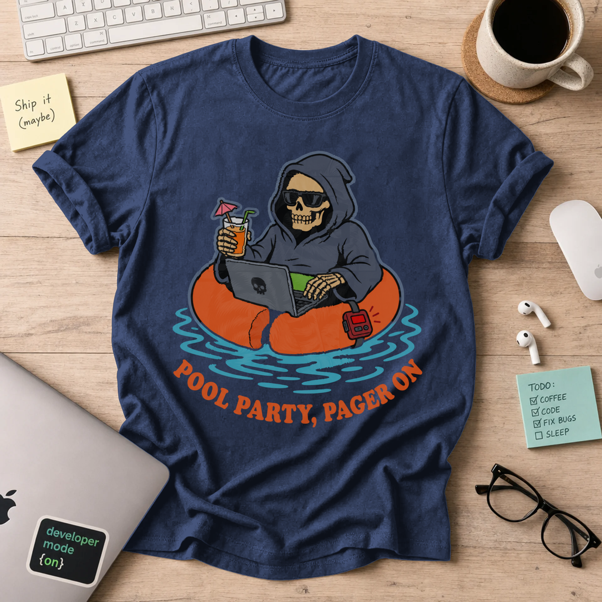 Pool Party, Pager On Shirt — Navy