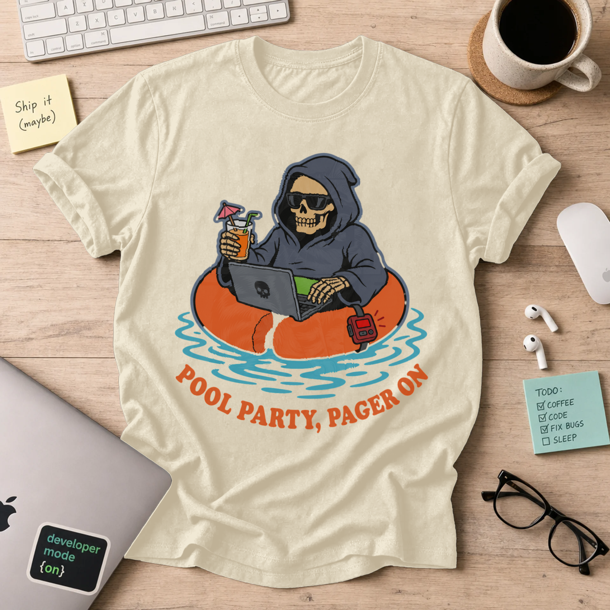 Pool Party, Pager On Shirt — Natural