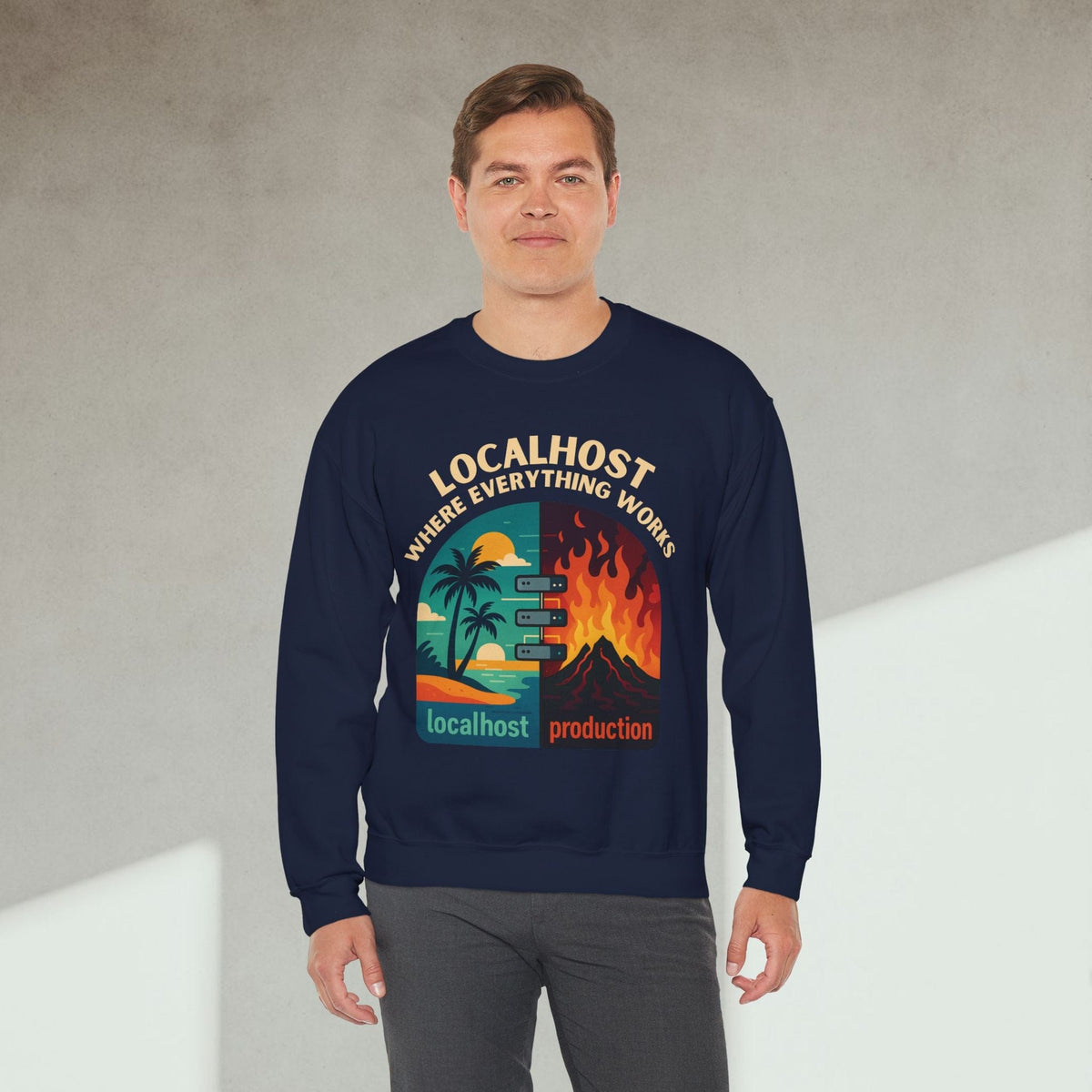 Code Culture localhost vs production sweatshirt funny programmer Sweatshirt in S — Code Culture developer clothing