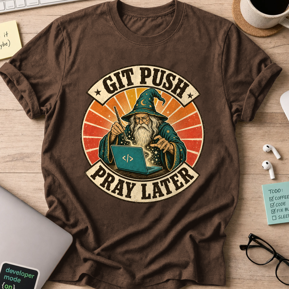 Git Push Pray Later Shirt — Dark Chocolate