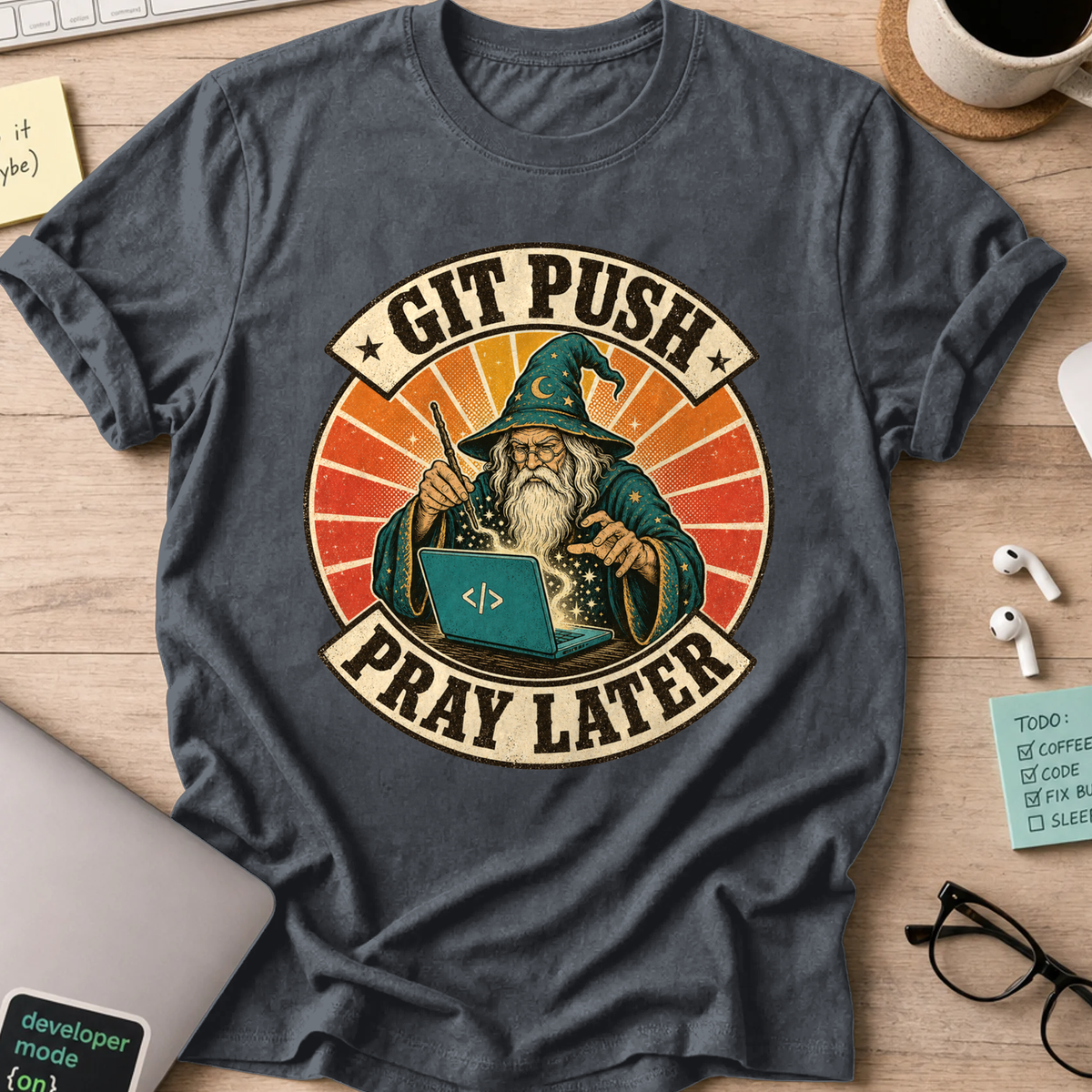 Git Push Pray Later Shirt — Dark Heather