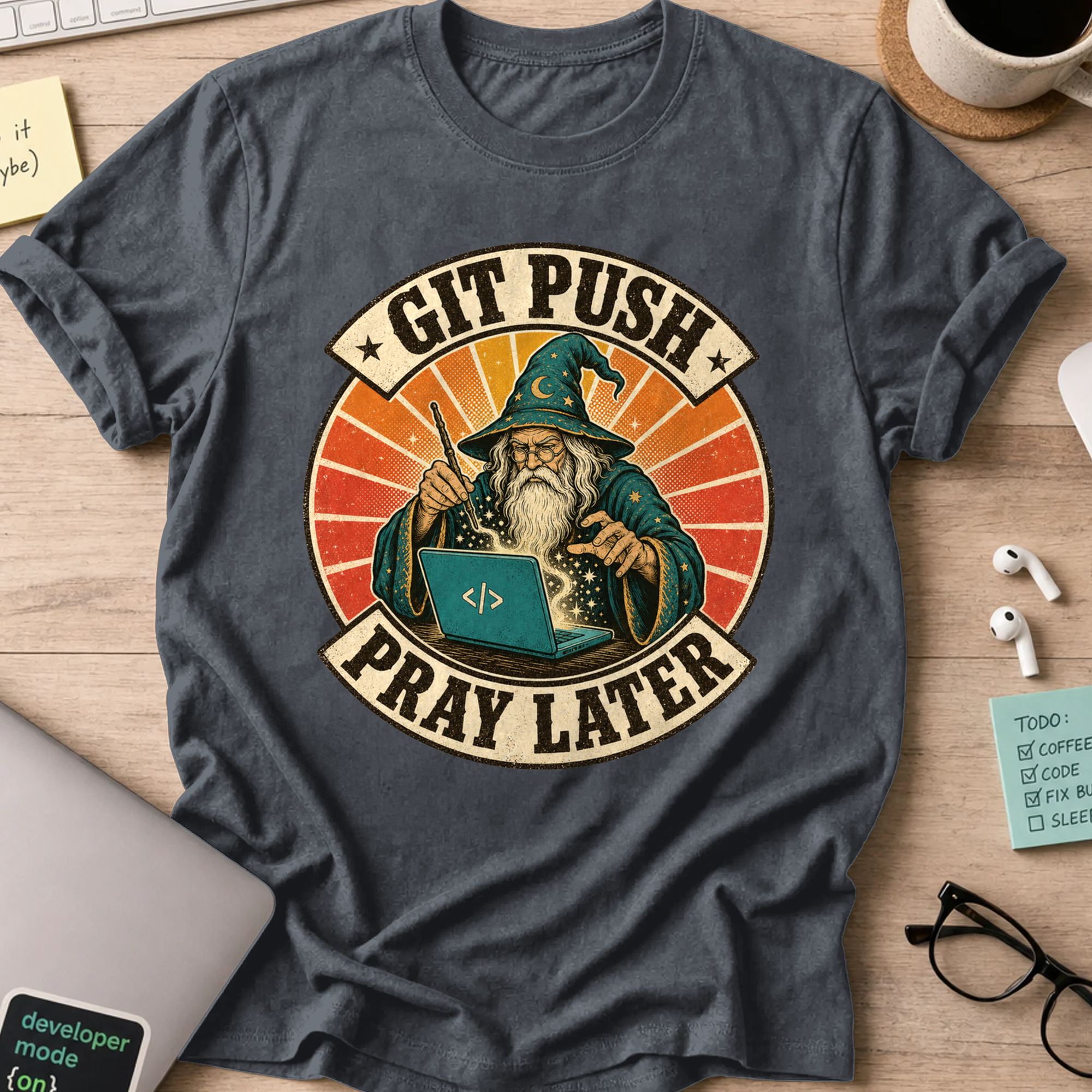 Git Push Pray Later Shirt — Dark Heather