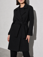 Women's Long Sleeve Woolen Coat in Black - bust to thigh view