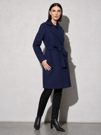 Women's Long Sleeve Woolen Coat in Dark Blue - adjusting view