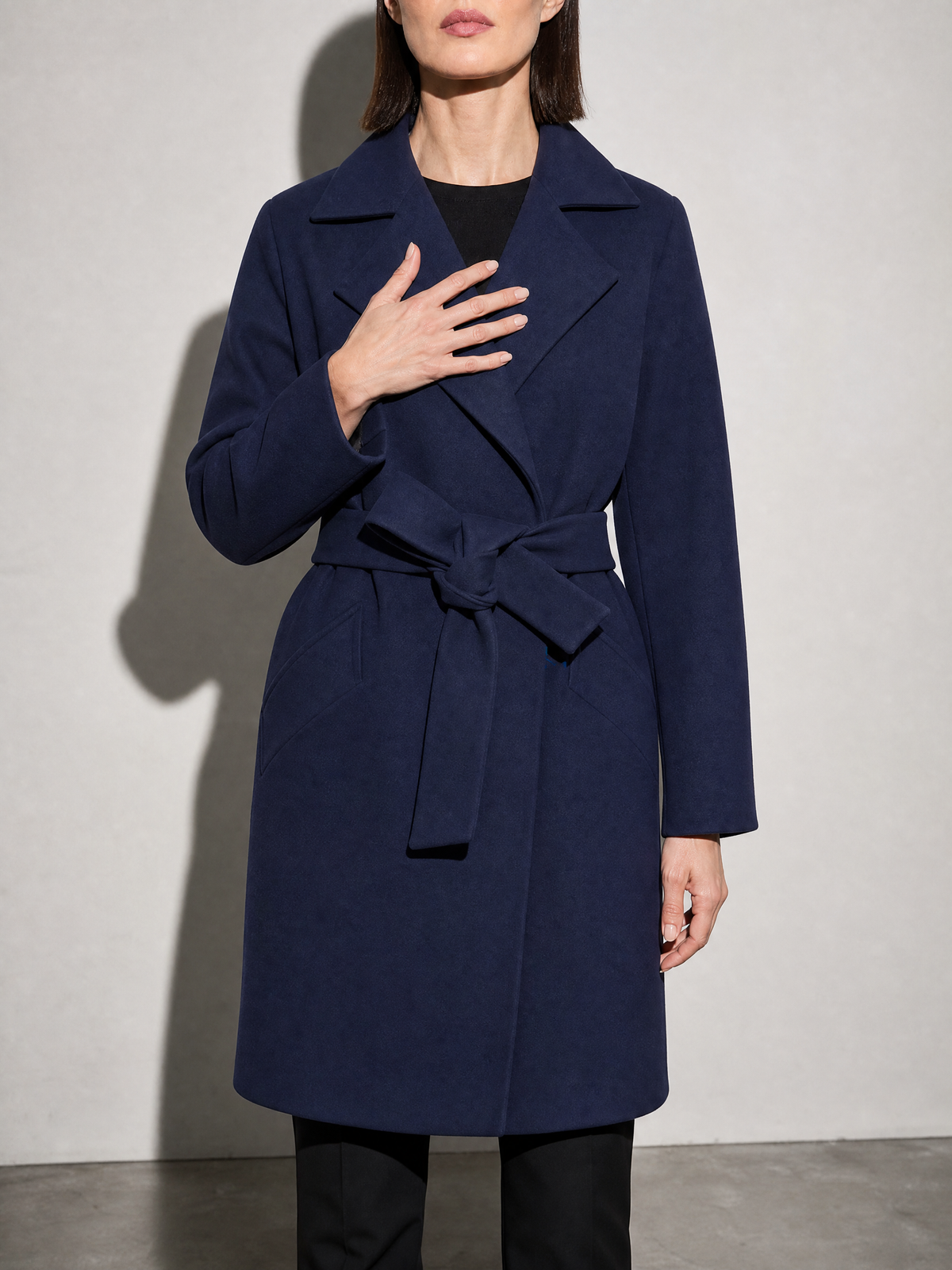 Women's Long Sleeve Woolen Coat in Dark Blue - bust to thigh view