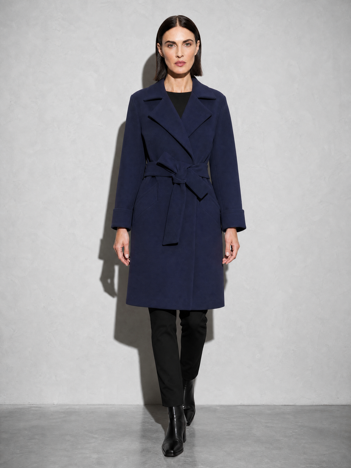 Women's Long Sleeve Woolen Coat in Dark Blue - main view