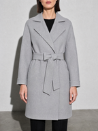 Women's Long Sleeve Woolen Coat in Gray - bust to thigh view