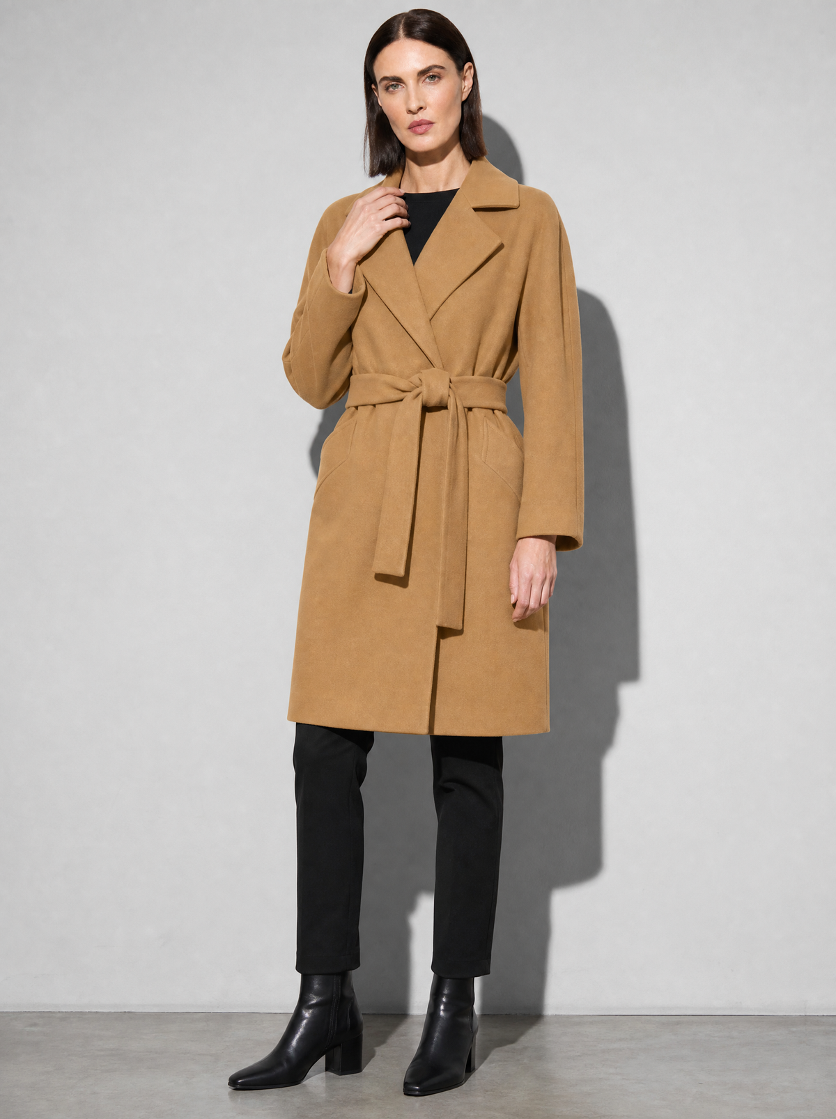 Women's Long Sleeve Woolen Coat in Khaki - adjusting view