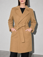 Women's Long Sleeve Woolen Coat in Khaki - bust to thigh view