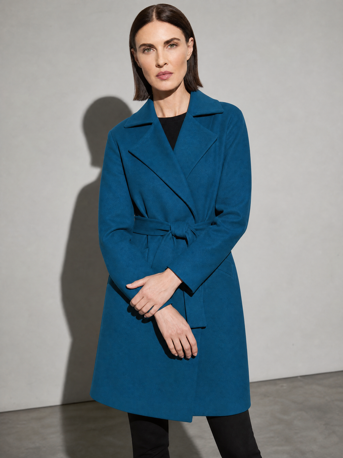 Women's Long Sleeve Woolen Coat in Lake Blue - adjusting view