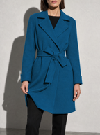 Women's Long Sleeve Woolen Coat in Lake Blue - bust to thigh view