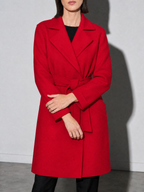 Women's Long Sleeve Woolen Coat in Red - bust to thigh view