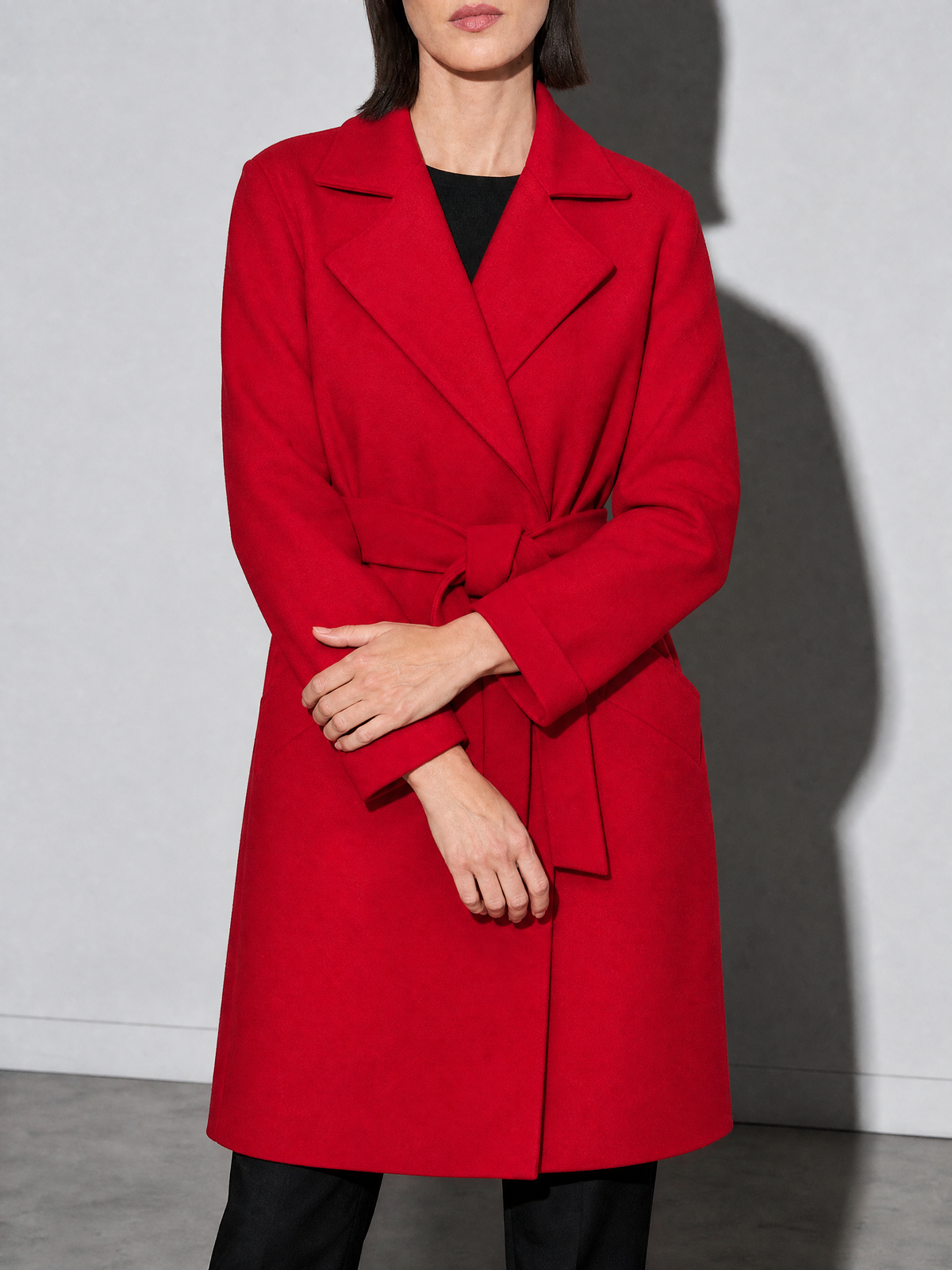 Women's Long Sleeve Woolen Coat in Red - bust to thigh view