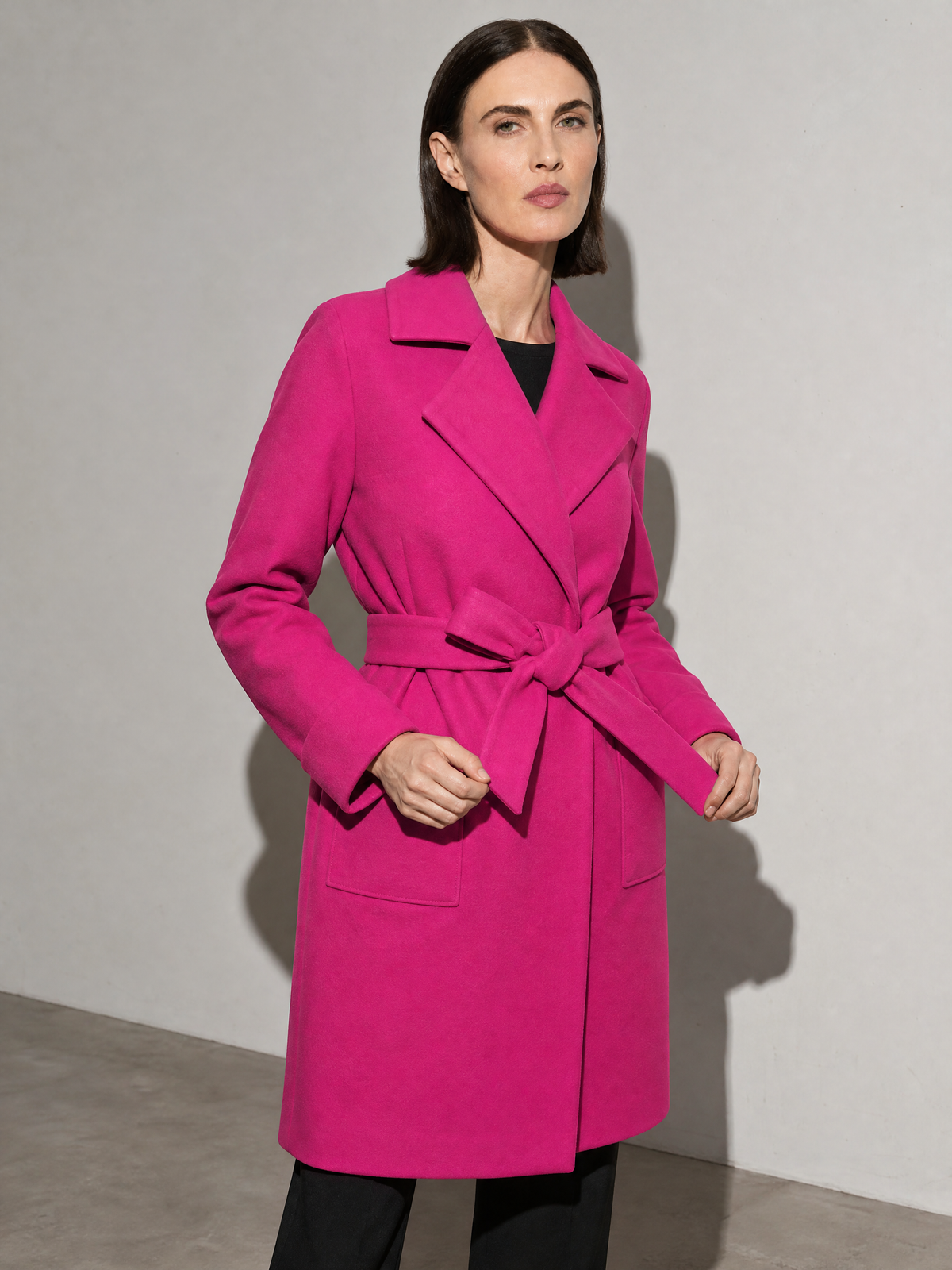Women's Long Sleeve Woolen Coat in Rose Red - adjusting view