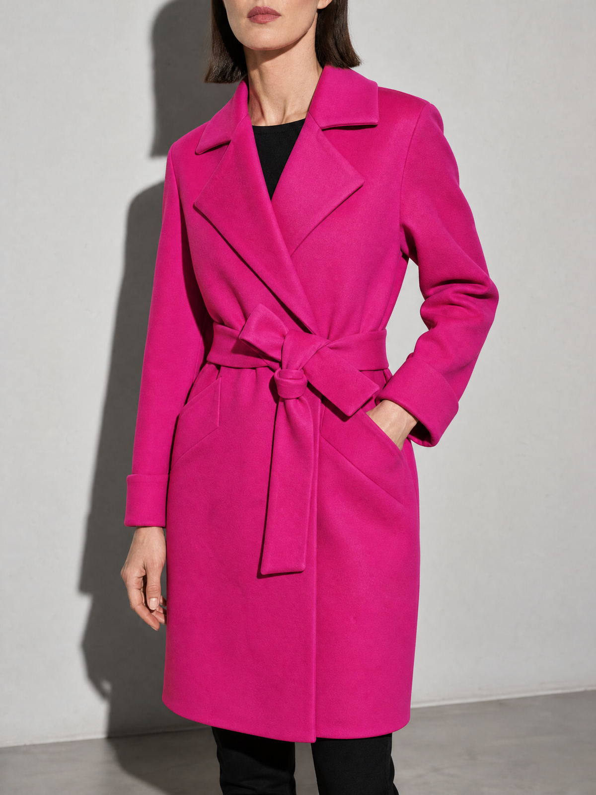Women's Long Sleeve Woolen Coat in Rose Red - bust to thigh view