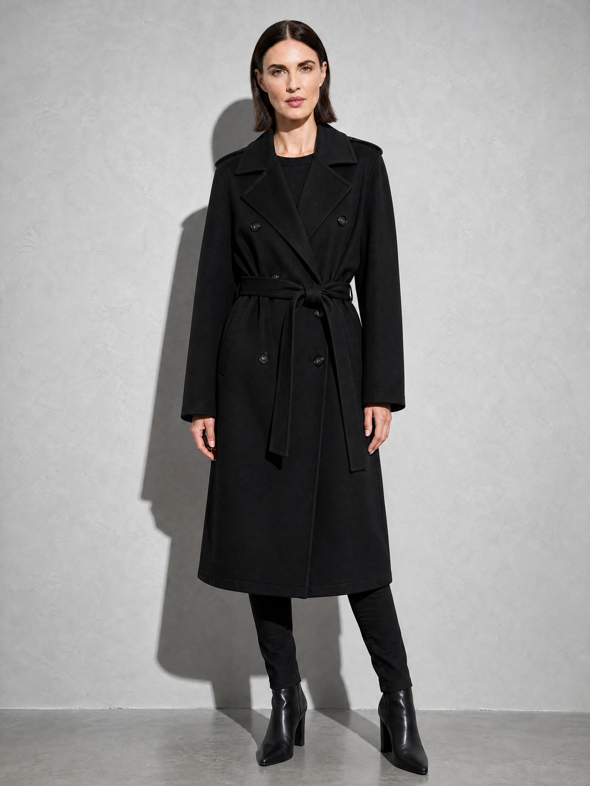 Double-breasted Belted Mid-length Wool Coat in Black - main view