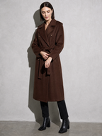 Double-breasted Belted Mid-length Wool Coat in Dark Brown - adjusting view