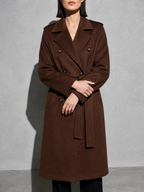 Double-breasted Belted Mid-length Wool Coat in Dark Brown - bust to thigh view