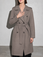 Double-breasted Belted Mid-length Wool Coat in Dark Gray - bust to thigh view