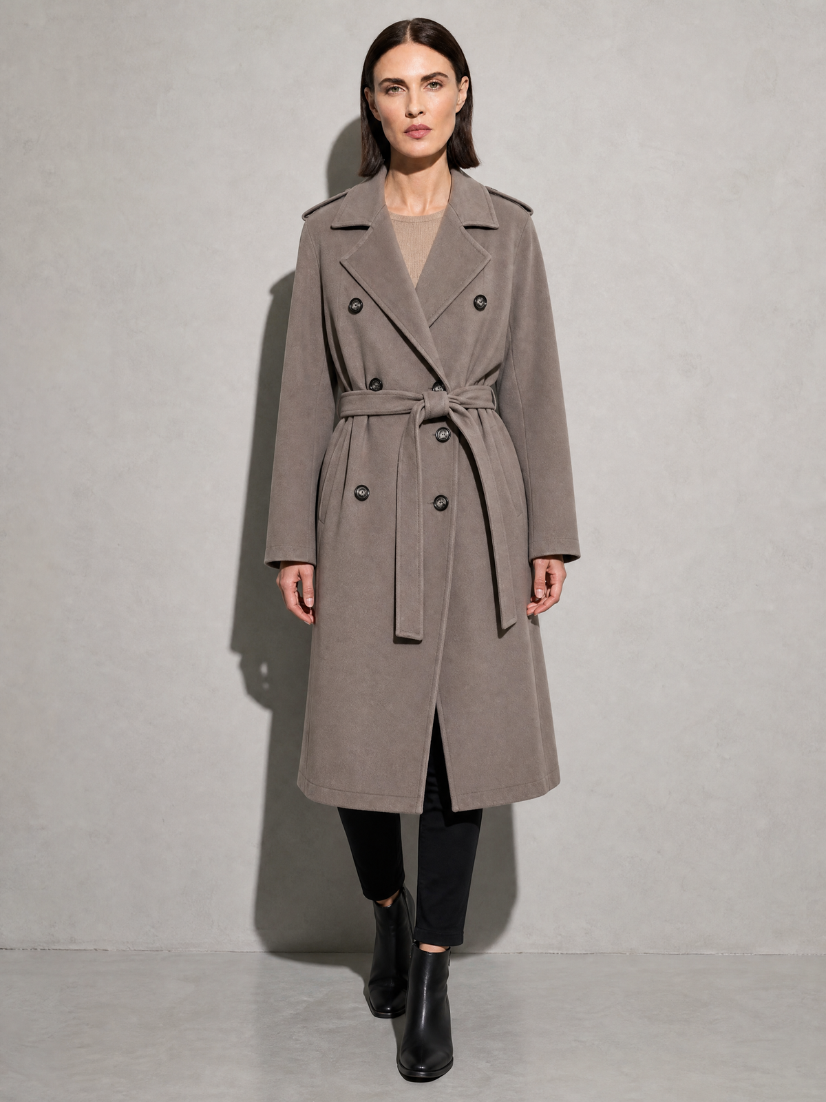 Double-breasted Belted Mid-length Wool Coat in Dark Gray - main view