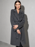 Double-breasted Belted Mid-length Wool Coat in Gray - adjusting view
