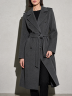 Double-breasted Belted Mid-length Wool Coat in Gray - bust to thigh view