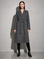 Double-breasted Belted Mid-length Wool Coat in Gray - main view