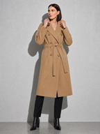 Double-breasted Belted Mid-length Wool Coat in Khaki - adjusting view