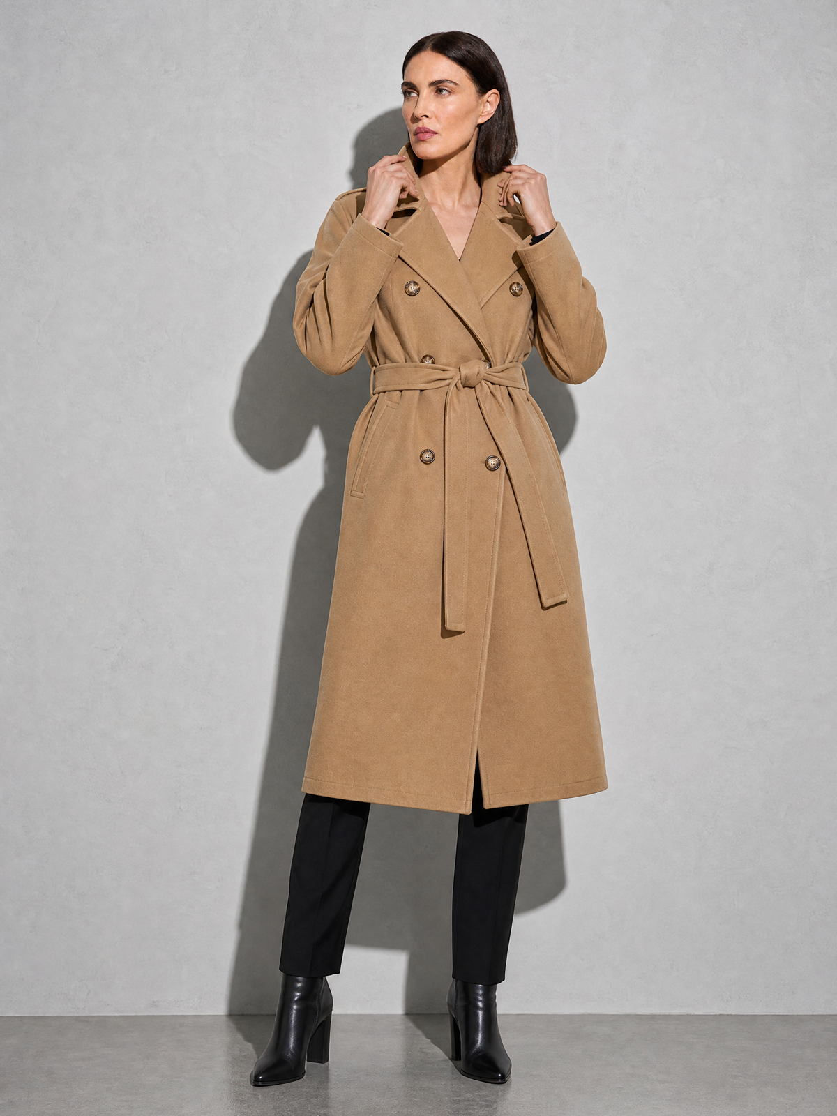 Double-breasted Belted Mid-length Wool Coat in Khaki - adjusting view