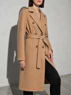 Double-breasted Belted Mid-length Wool Coat in Khaki - bust to thigh view