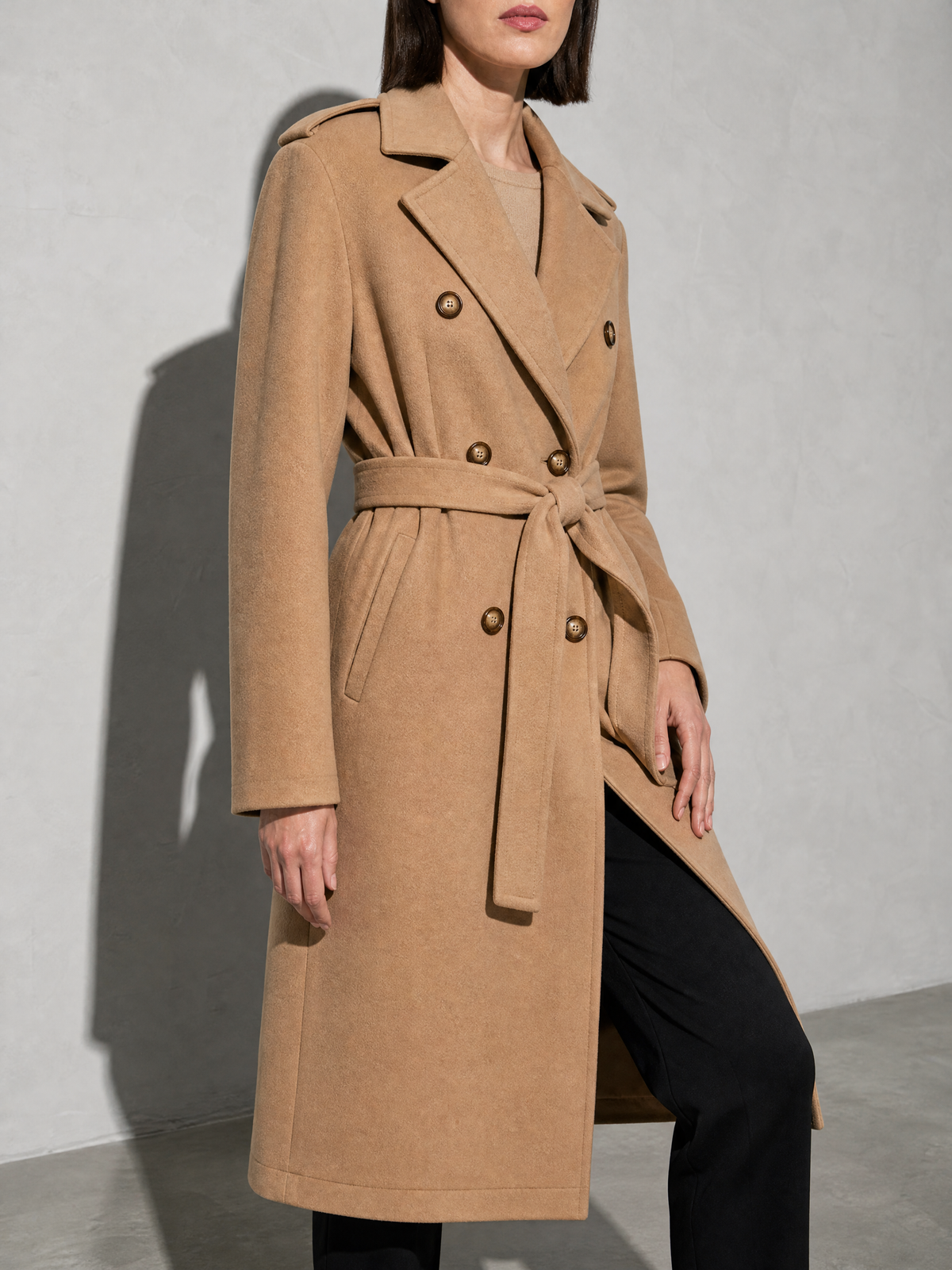 Double-breasted Belted Mid-length Wool Coat in Khaki - bust to thigh view
