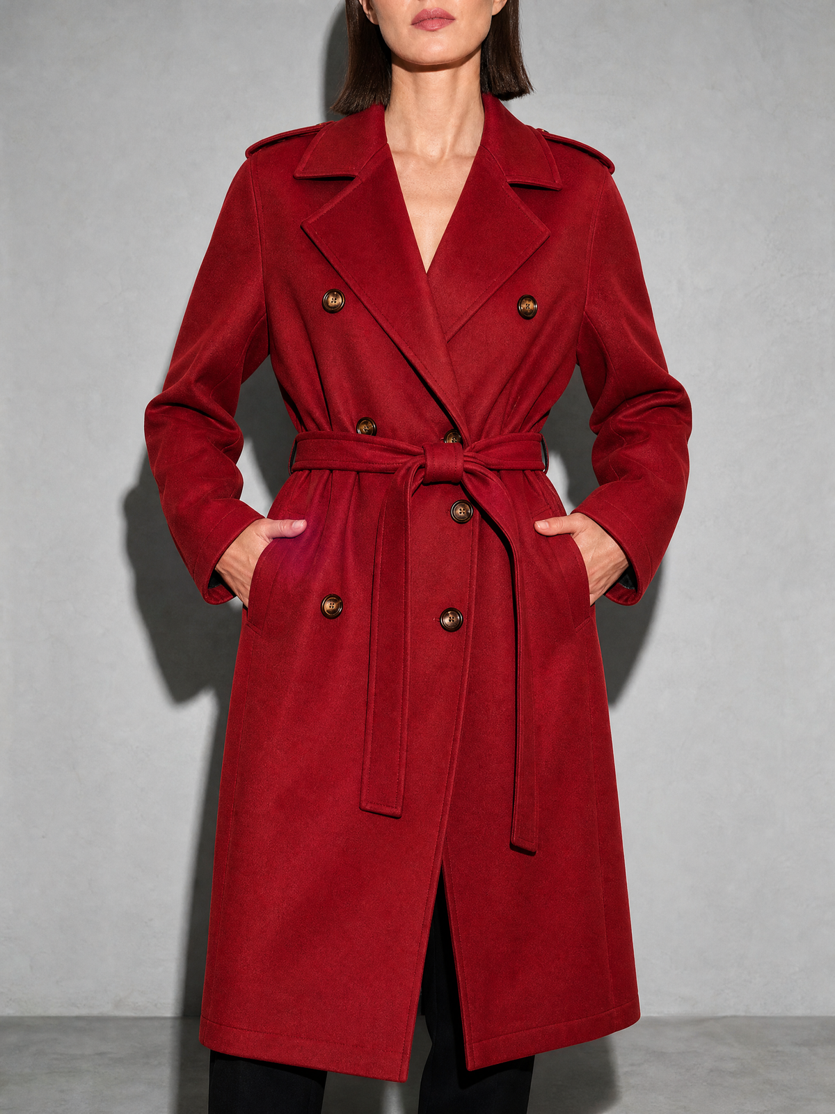 Double-breasted Belted Mid-length Wool Coat in Red - bust to thigh view