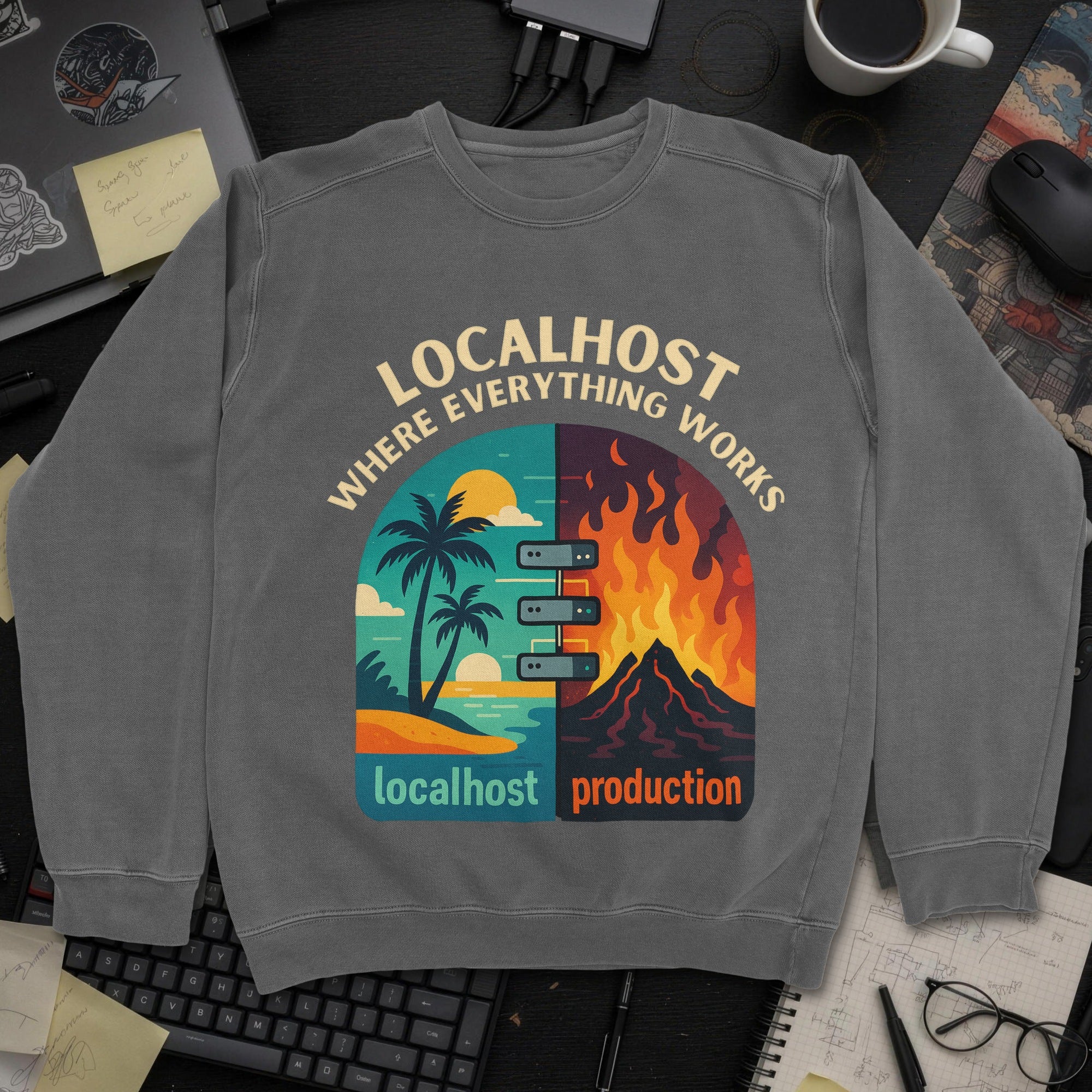 Localhost vs Production Sweatshirt - Dark Heather mockup