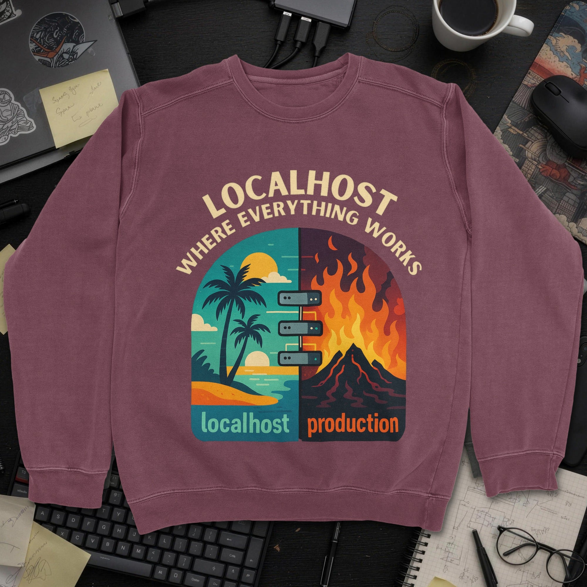 Localhost vs Production Sweatshirt - Maroon mockup