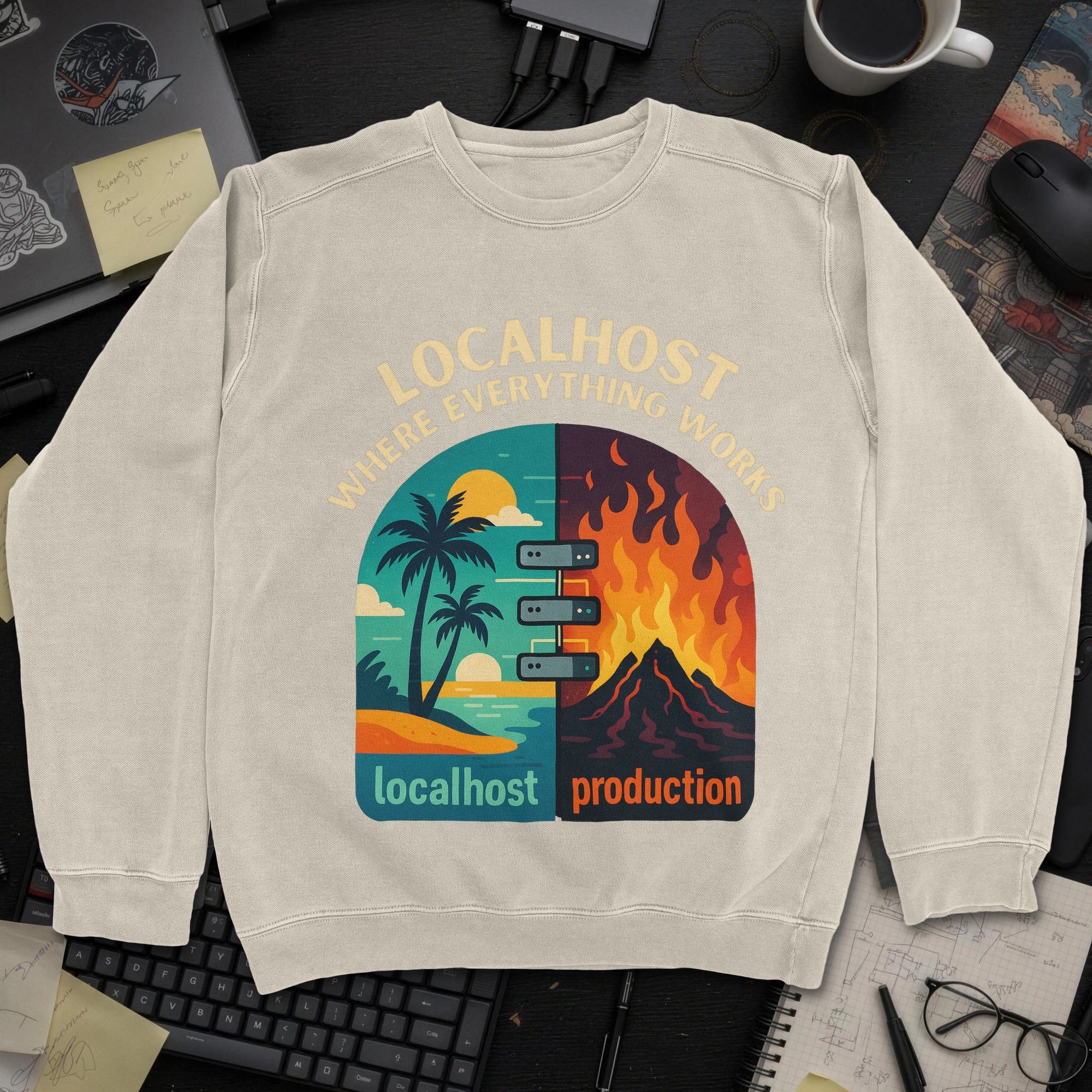 Localhost vs Production Sweatshirt - Sand mockup