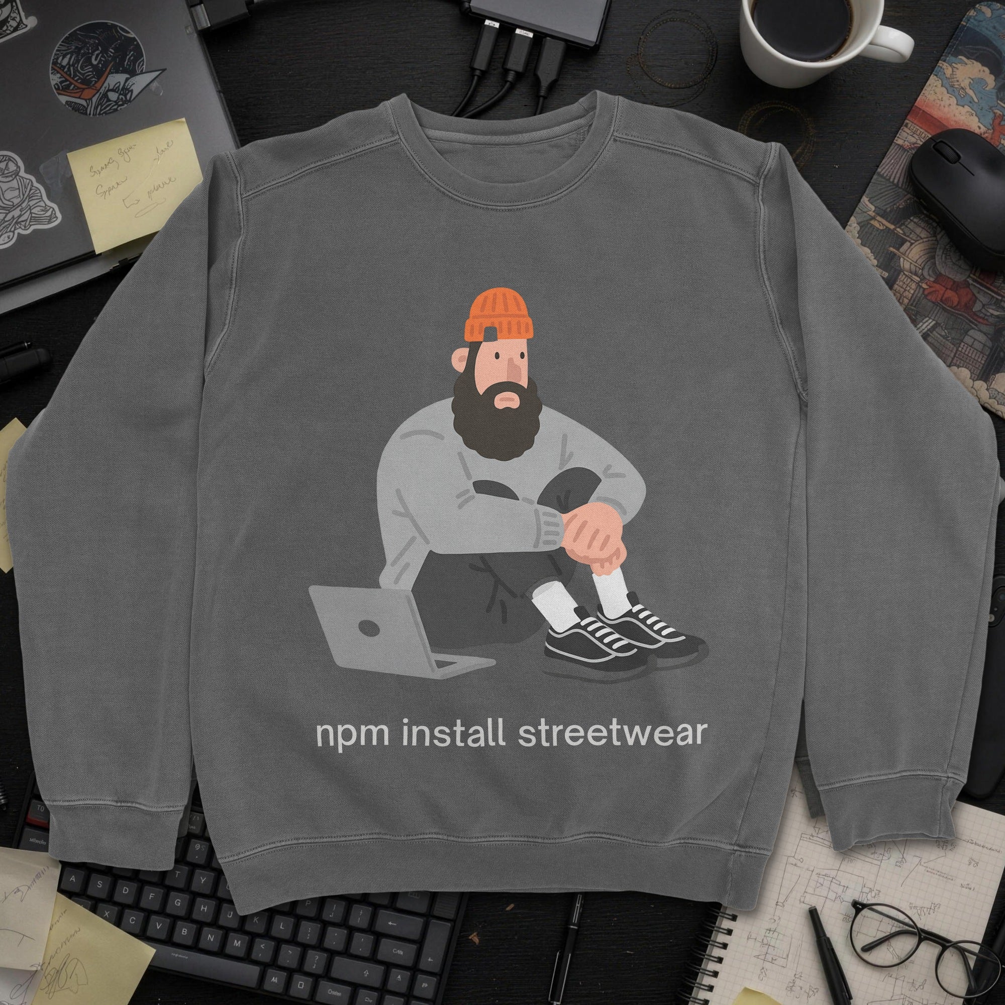 Npm Install Streetwear Sweatshirt - Dark Heather mockup