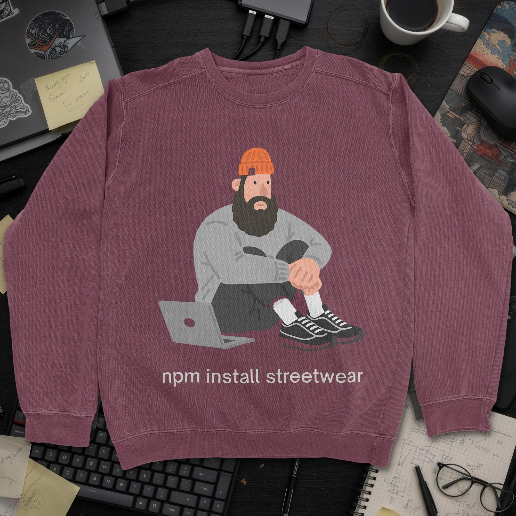 Npm Install Streetwear Sweatshirt - Maroon mockup