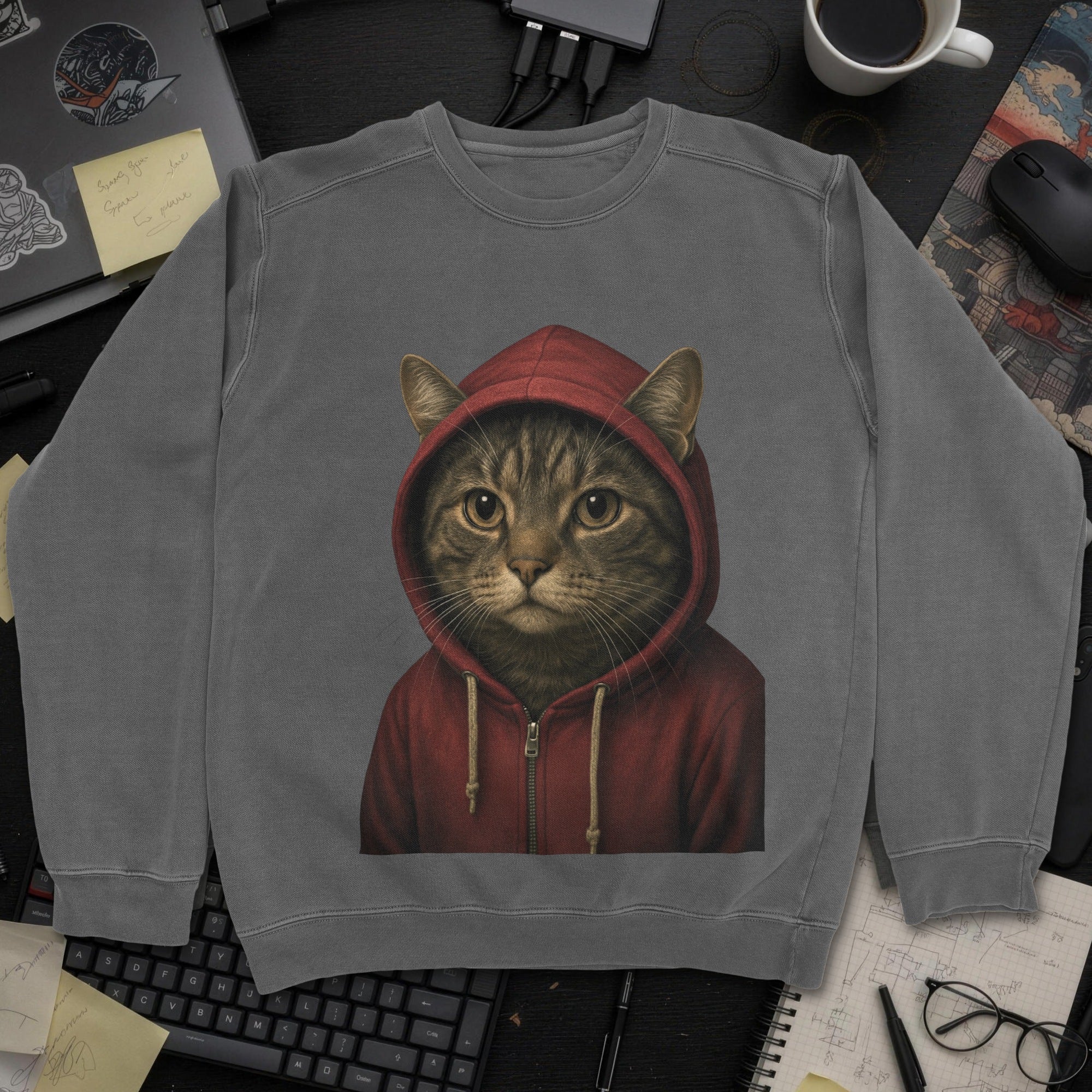 Cat In Hoodie Sweatshirt - Dark Heather mockup
