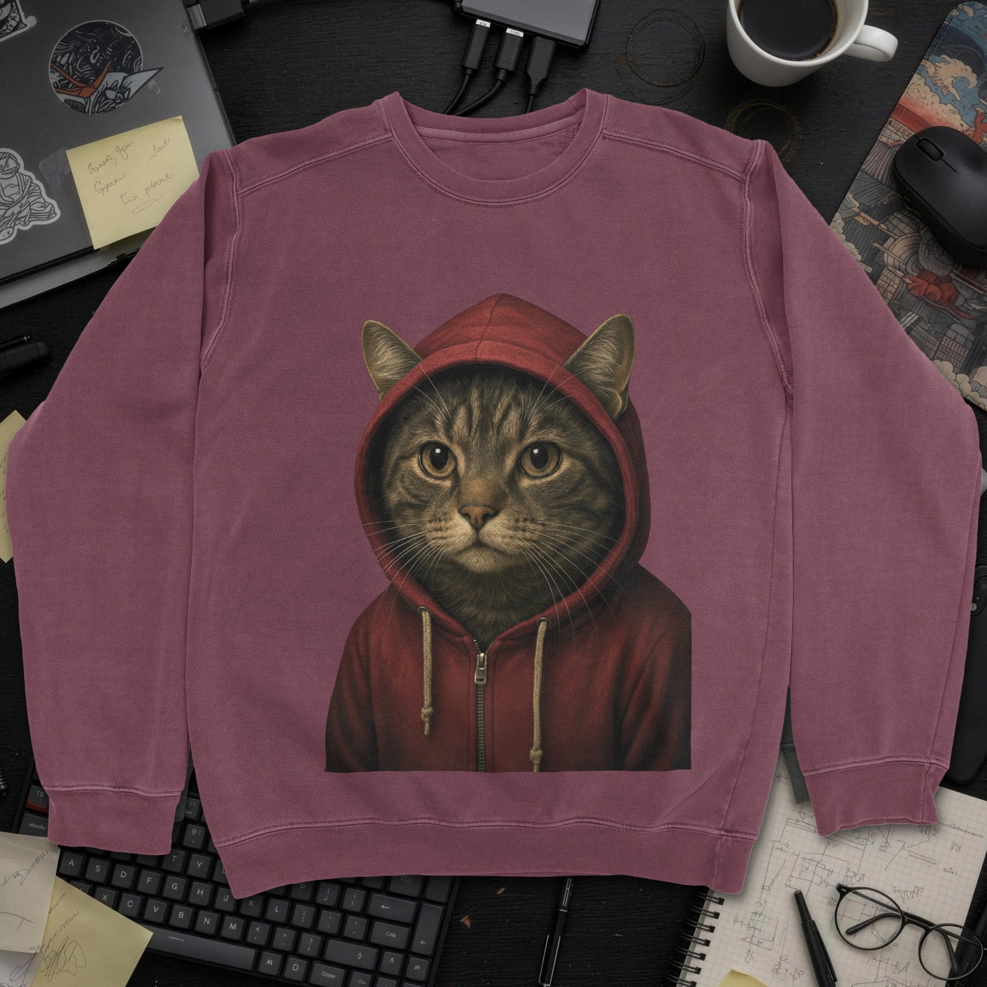 Cat In Hoodie Sweatshirt - Maroon mockup