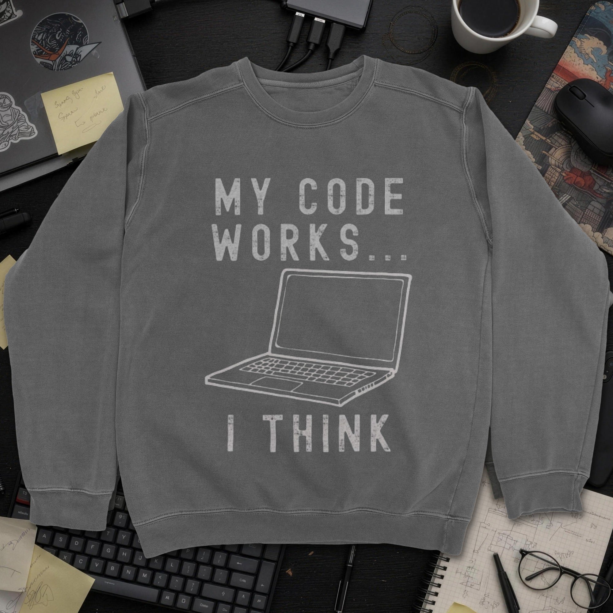 My Code Works I Think Sweatshirt - Dark Heather mockup