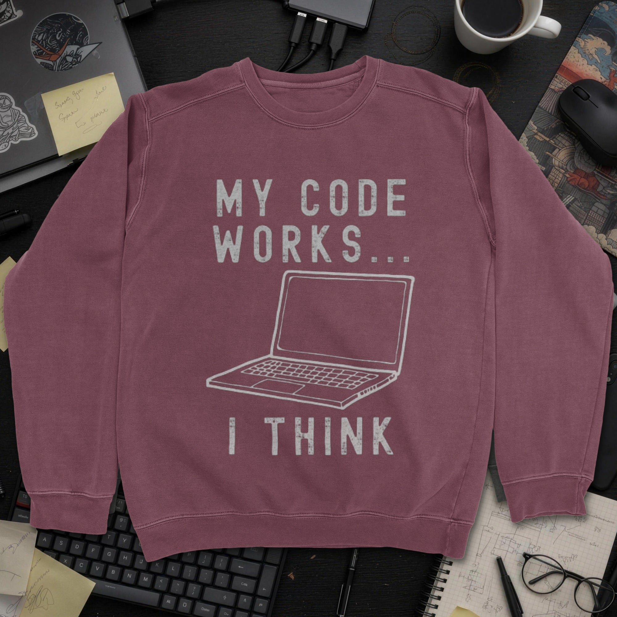My Code Works I Think Sweatshirt - Maroon mockup