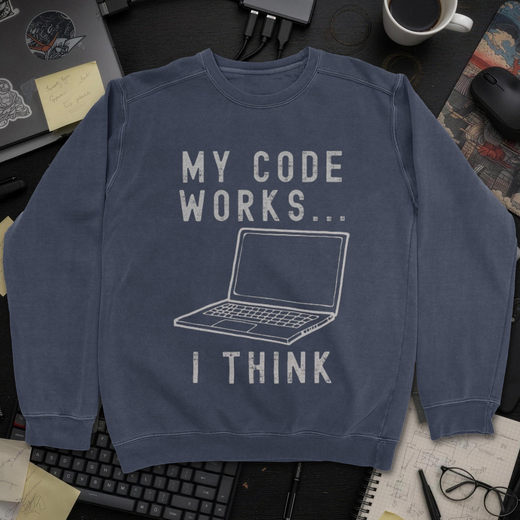 My Code Works I Think Sweatshirt - Navy mockup