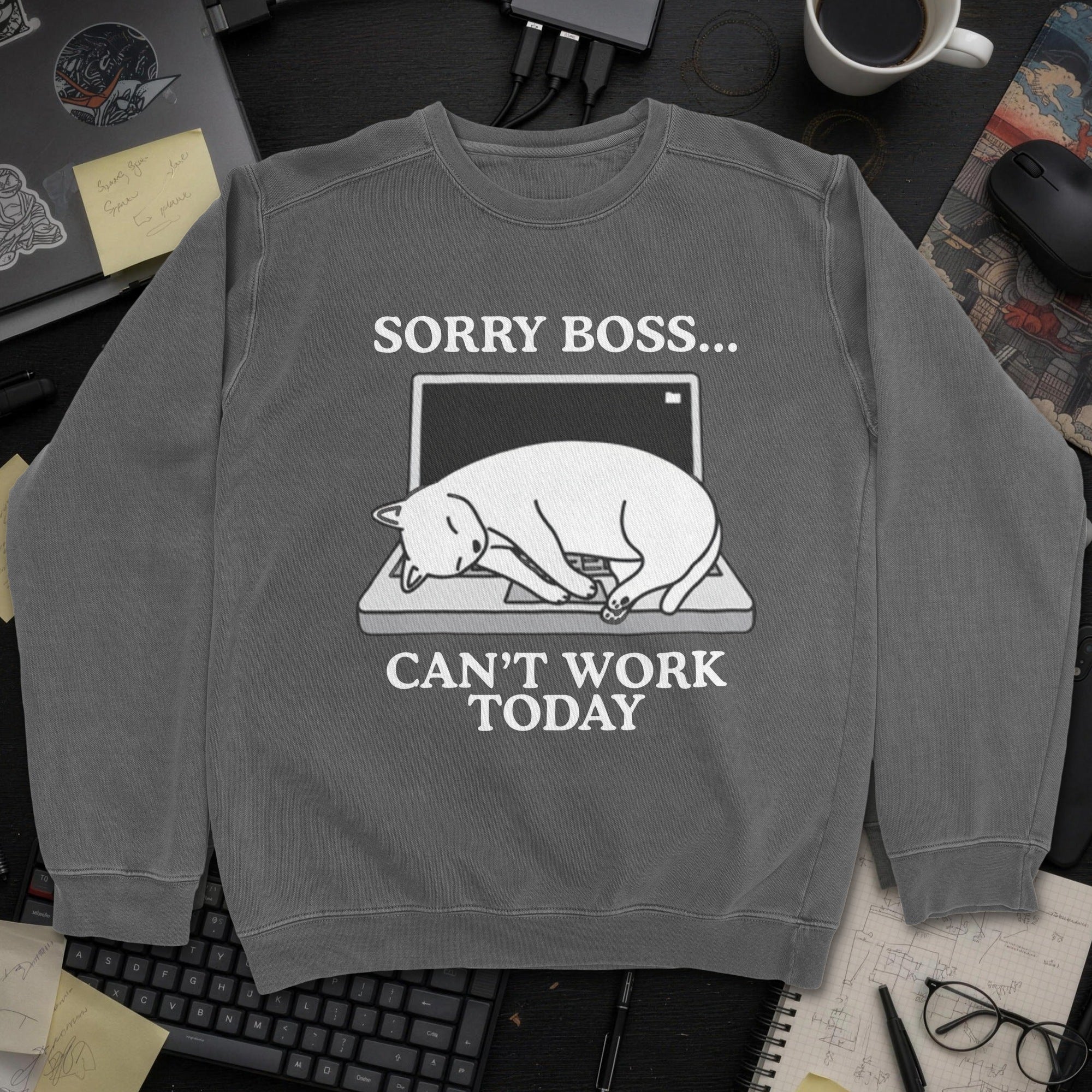 Sorry Boss Cant Work Today Cat Sweatshirt - Dark Heather mockup