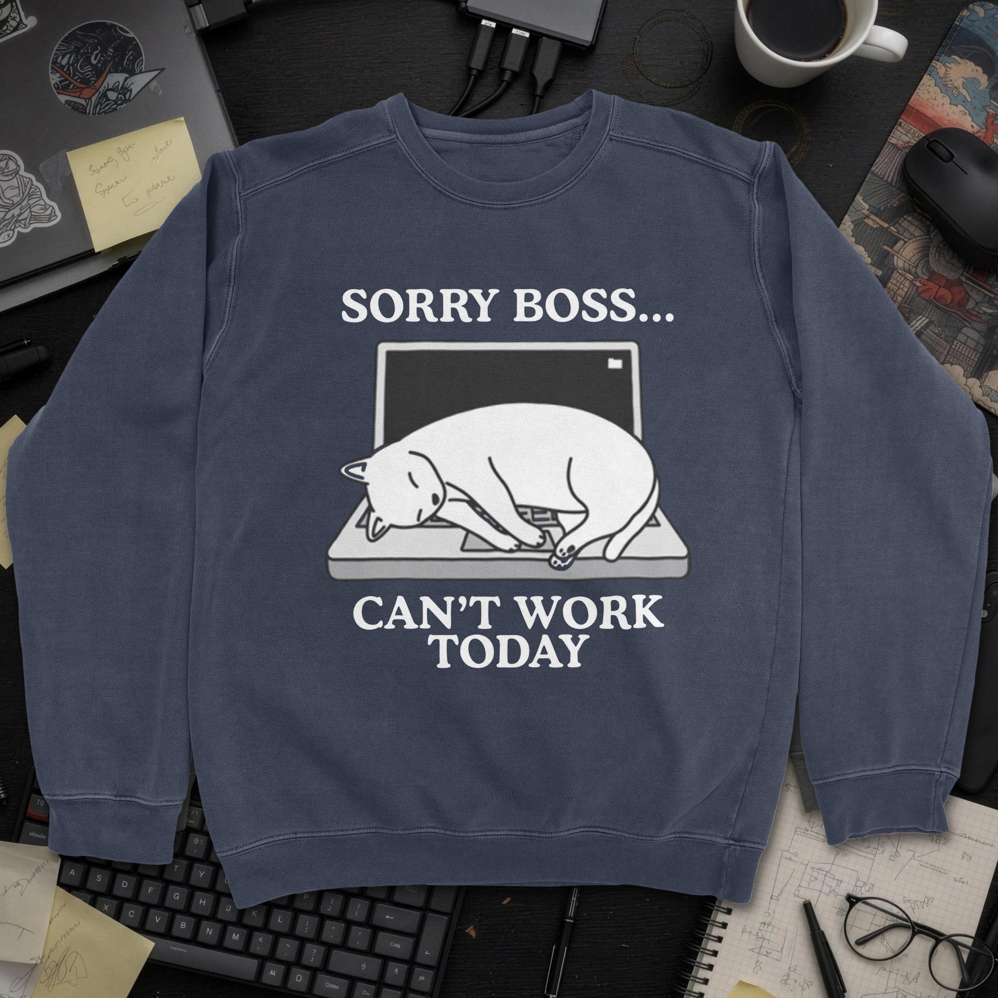 Sorry Boss Cant Work Today Cat Sweatshirt - Navy mockup