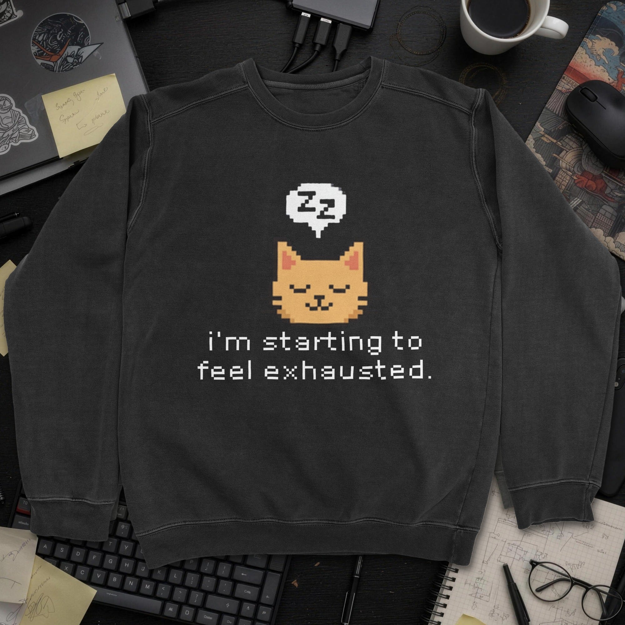 Starting To Feel Exhausted Cat Sweatshirt - Black mockup