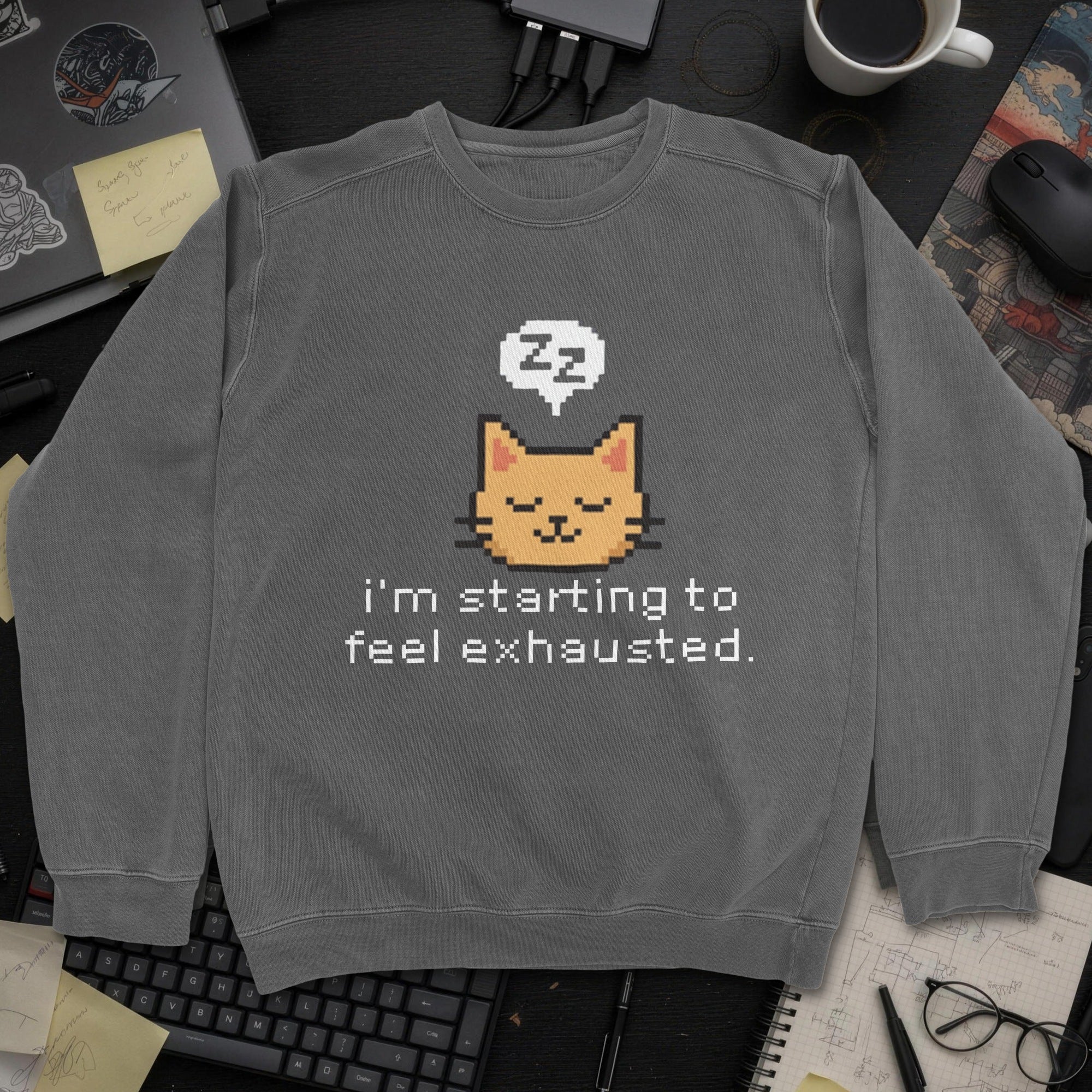 Starting To Feel Exhausted Cat Sweatshirt - Dark Heather mockup