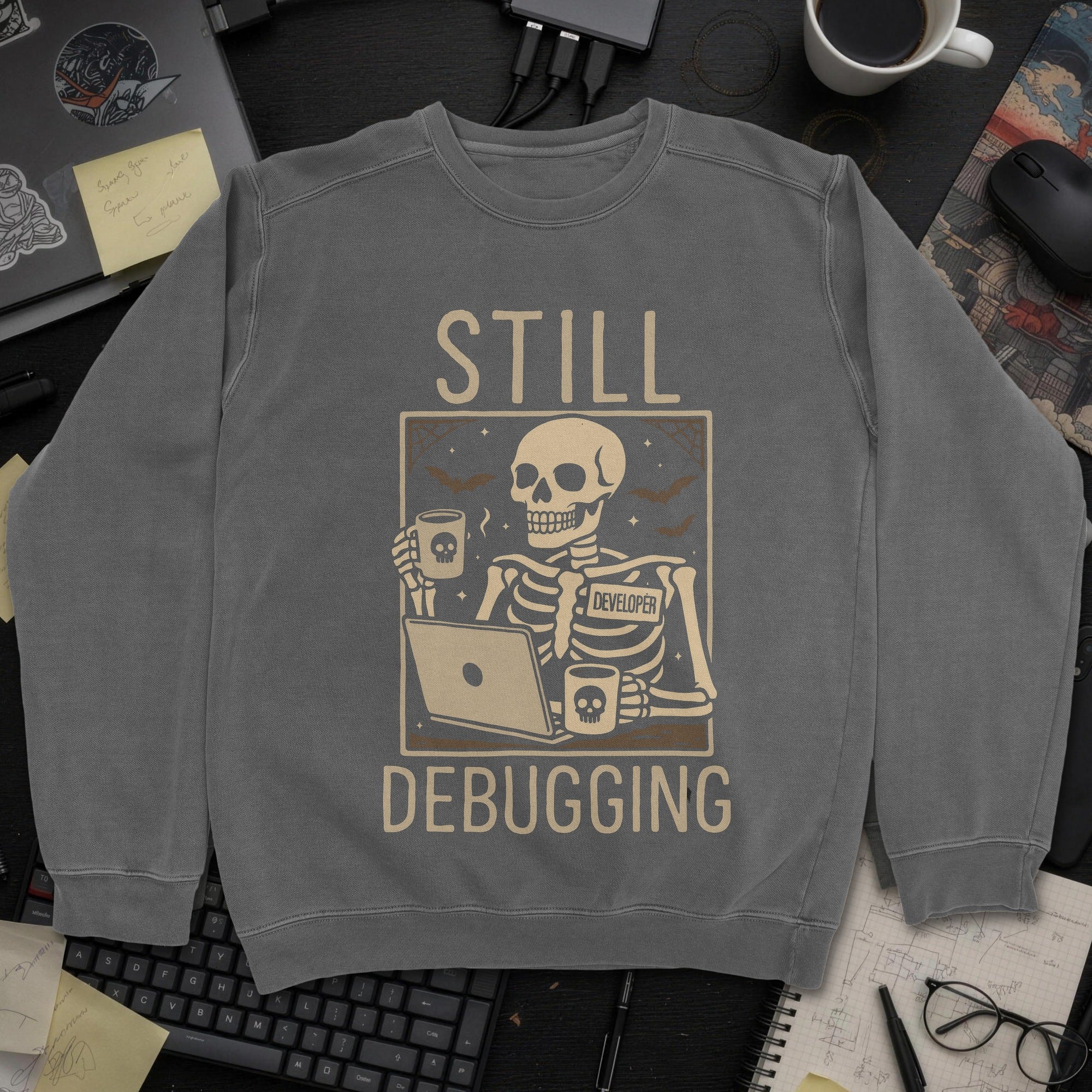 Still Debugging Sweatshirt - Dark Heather mockup