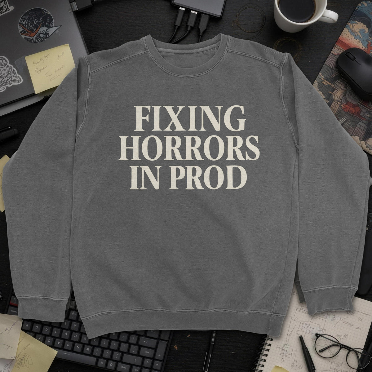 Fixing Horrors In Prod Sweatshirt - Dark Heather mockup